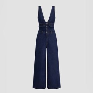 CIDER DENIM V-NECK BUTTON POCKET WIDE LEG JUMPSUIT